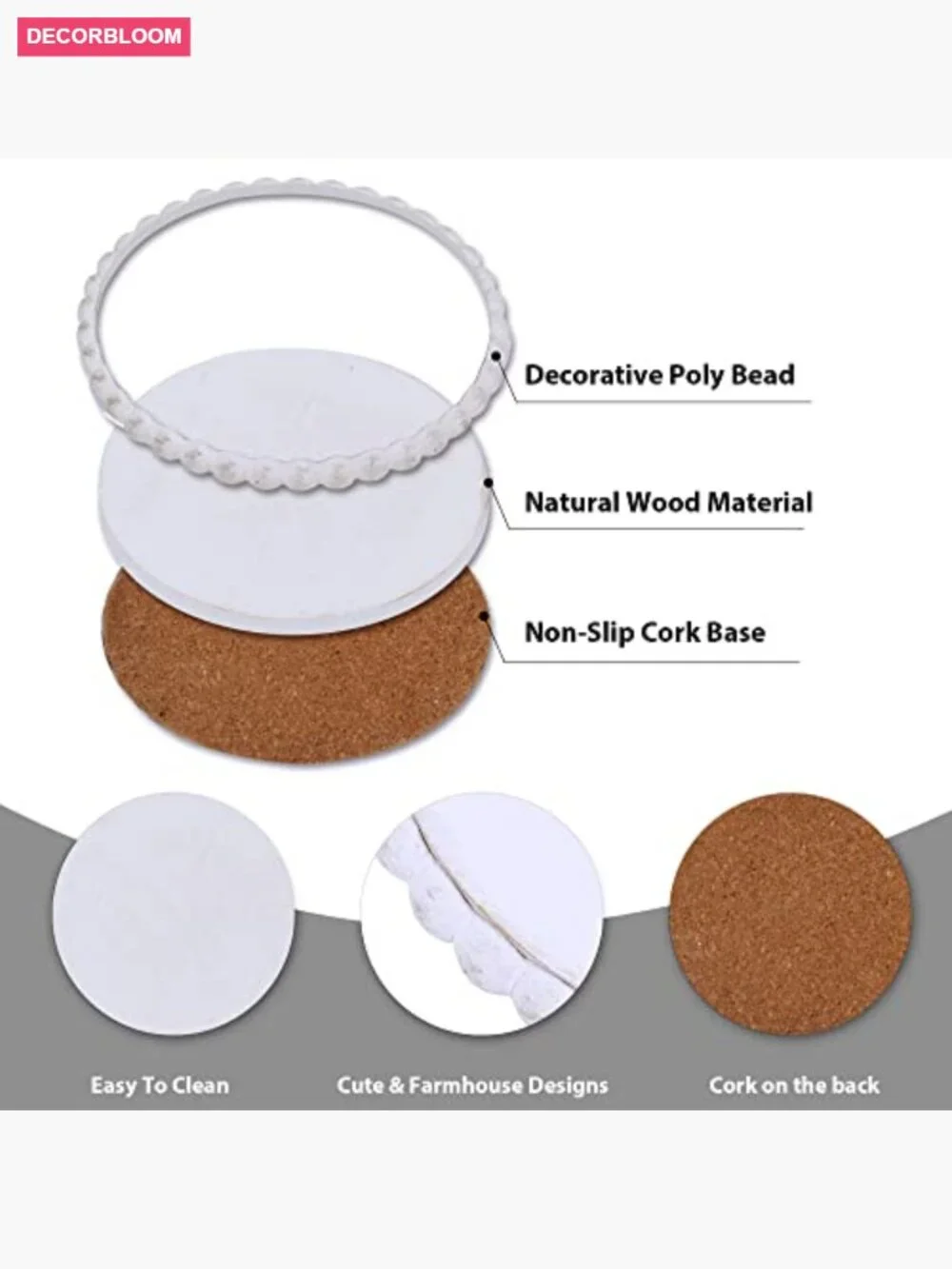 6pk Farmhouse Wooden Coasters with Metal Holder, Handmade Absorbent Cup Coasters